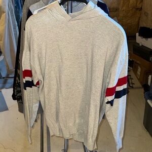 Gray Hoodie with Red and Blue Stripes